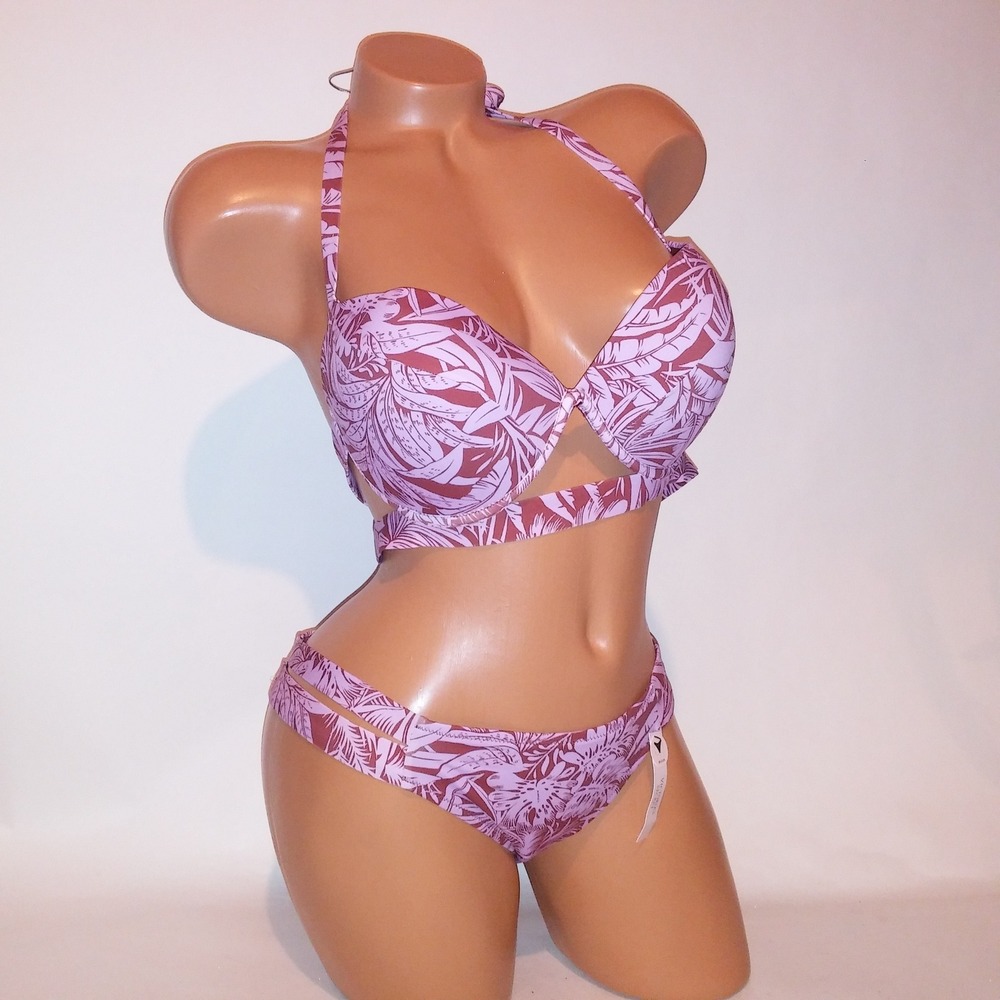 Victoria Secret Swim Bikini 36D Top Medium Bottom Purple Brown Tropical Push Up
